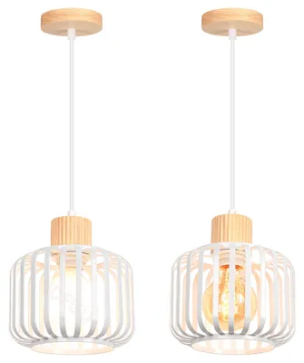 2er-Set Retro-Hängelampen, Käfig-Design, Holz/Metall, 18 cm, weiß