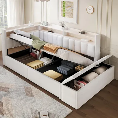 Zdjęcie produktu dla Sofa rozkładane Flieks 90x200 cm z podnóżkiem, sofa do spania typu daybed z portem USB i oświetleniem LED, hydrauliczne łóżko z pojemnikiem na pościel, idealne dla młodzieży, jedno łóżko obite welurem, kolor biały