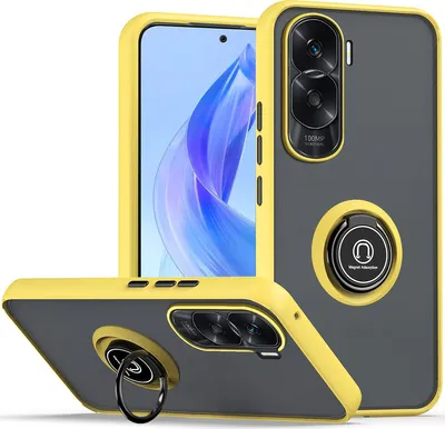 A phone case with a ring holder is shown from multiple angles.
