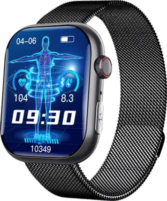 A smartwatch with a black Milanese loop band is displayed against a black background. The watch face shows health metrics and the time.