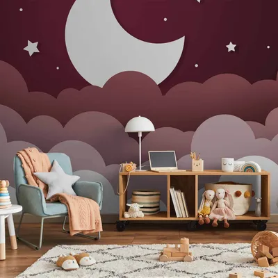 Produktbild von Vlies Fototapete - Moon dream - clouds in a maroon sky with stars for children 450x315 cm Für Kinder e-A-10023-a-b