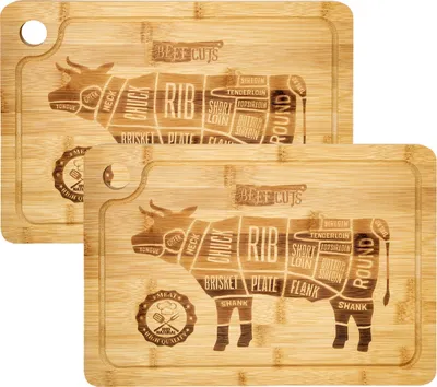Image de Set de 2 planches à découper 33x23x2cm en bois de bambou avec gravure de bœuf