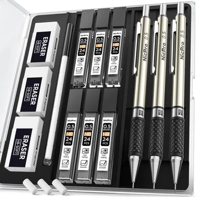 Produktbild von Druckbleistift Set Metall 3 Stück 0.5 mm mit HB Minen und Radiergummis