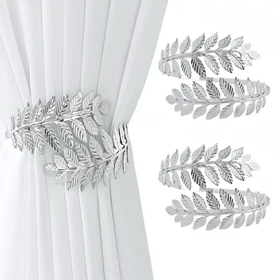 Produktbild von 2 blattförmige Raffhalter, silberfarbene Gardinenhalter, Metall-Gardinenclips, Heimdekoration