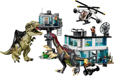 Produktbild von LEGO Jurassic World Giganotosaurus & Therizinosaurus Angriff Set mit Spielzeug-Hubschrauber, Garage, Spielzeugauto und 2 Dinosaurier-Figuren, Geschenk für Fans von der Jurassic Park-Reihe 76949
