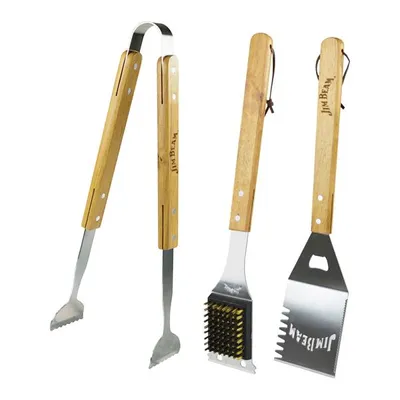 Produktbild von Jim Beam BBQ Grillbesteck Set Edelstahl - Zange Wender Fleischgabel - mit Holzgriff 3er Set