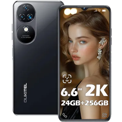 Produktbild von OUKITEL C38 Smartphone, 256 GB, 6.6 Zoll FHD+ Display, Schwarz, Android 13, 4G, bis zu 24 GB RAM, 48 MP Hauptkamera, 32 MP Frontkamera, 5150 mAh Akku, Dual-SIM, Face ID, Fingerabdruck, Ohne Vertrag, MediaTek MT8788 Octa-Core Prozessor, OTG-Rückladefunktion