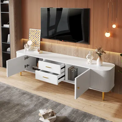 Produktbild von okwish TV-Schrank mit Schubladen, geschwungenen Ecken, Wohnzimmer-TV-Schrank mit gewellten Seiten, goldenen Griffen und Beinen