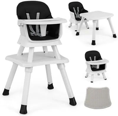 Produktbild von 6-in-1-Kinderhochstuhl, Babyhochstuhl und Kombihochstuhl mit Sicherheitsgurt und abnehmbarem Tablett, als Hochstuhl, Essstuhl, Lerntisch, Bausteintisch und Kindersitzgruppe, Schwarz