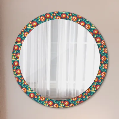 Produktbild von Runder Spiegel mit Modernem Aufdruck - Dekospiegel Wandmontage -geometrisch Früchte und Blätter- Ø90cm