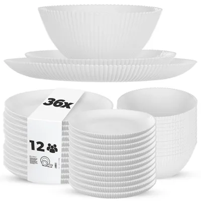 Produktbild von KADAX Geschirrset für 12 Personen, 36-teilig, weiße Tafelservice aus Opalglas mit Suppenschalen, Speisetellern & Desserttellern, Spülmaschinenfest (Weiß XL)