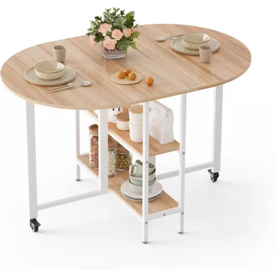 Produktbild von Mobiler Klappbarer Esstisch mit 2 Ablagen, ausziehbar, 120 x 80 x 75 cm, Eiche und Weiß