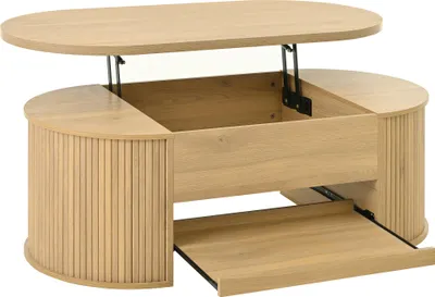 Produktbild von Merax Couchtisch höhenverstellbar, ausziehbares Regal, Stauraum, modernes Design mit gebogenen Holzseiten, Wohnzimmermöbel, Holzfarbe