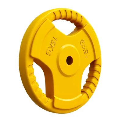 Produktbild von GORILLA SPORTS® Hantelscheiben - 15kg Gewichte, 30mm, aus Gusseisen mit Gummi Gripper, Gelb - Gewichtsscheiben