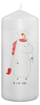 Produktbild von Mr. & Mrs. Panda Kerze Einhorn Krankenschwester 19 x 8 cm - Weiß - Geschenk, Krankenpfleger, Krankenpflegerin, Erinnerungslicht, Ärztin, Krankenhaus, Stumpenkerze