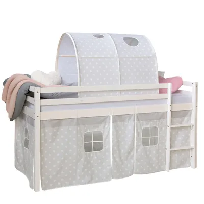Produktbild von Homestyle4u Kinder Hochbett 90x200 weiss mit Tunnel Sternen Vorhang