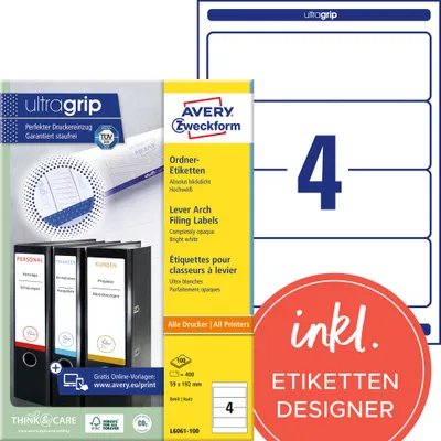 Produktbild von Avery Zweckform L6061-100 Ordner-Etiketten, A4 mit ultragrip, 59 x 192 mm, 100 Bogen/400 Etiketten, weiß
