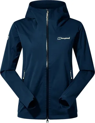 Dunkelblaue Softshelljacke für Damen von Berghaus mit Reißverschluss und Kapuze.