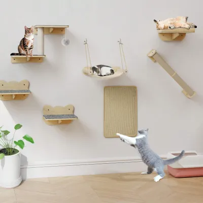 Produktbild von BALCONERA Katzenkletterwand 7-Teilig Set, Stabiler Holz Katzenmöbel, Katzen Wandelemente mit Katzentreppe, Katzenkratzbäumen und Katzenkratzbrettern