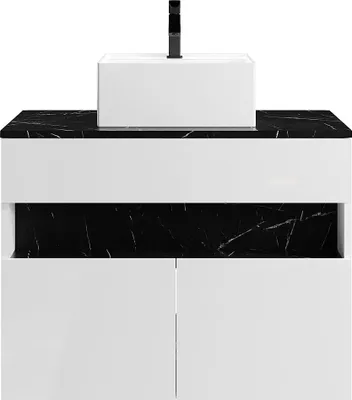 Produktbild von Hängeschrank für Badezimmer mit LED-Beleuchtung und Sockelwaschtisch - Weiß und schwarz mit Marmoreffekt - 80 cm breit - POZEGA
