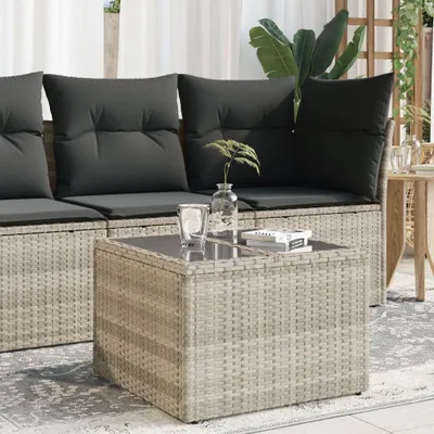 Produktbild von "im Angebot" Gartentisch Wetterfest - Balkon Tisch/Esstisch - mit Glasplatte Hellgrau 55x55x37 cm Poly Rattan - Gartentische CC16851