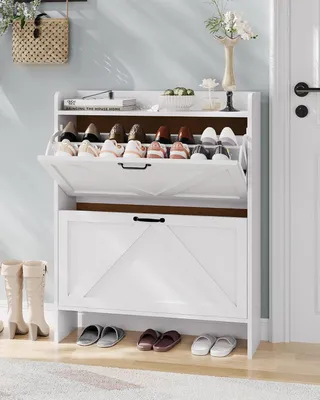 Produktbild von Schuhschrank 2 Klappschubladen, Landhausstil, schmal, freistehend, 16–20 Paar, für Flur & Diele