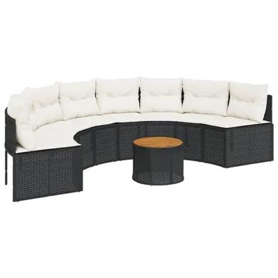 Produktbild von vidaXL Gartensofa mit Tisch und Kissen Halbrund Schwarz Poly-Rattan