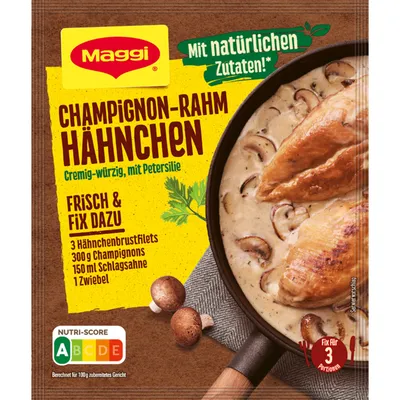 A product package for Maggi Fix for Champignon Rahm Hähnchen, showing a prepared dish with chicken and mushrooms.