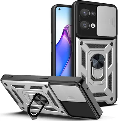 Produktbild von OPPO Reno8 5G Hülle mit Ring Ständer Halter Dia Kameraschutz TPU PC Schutzhülle für OPPO Reno8 5G Silber