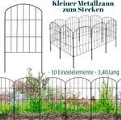 Produktbild von Zaun Gartenzaun Steckzaun Hundezaun Teichzaun für Garten Teich 10 Zaunelemente 43 cm hoch Metall Gitterzaun Oberbogen Schwarz V2Aox
