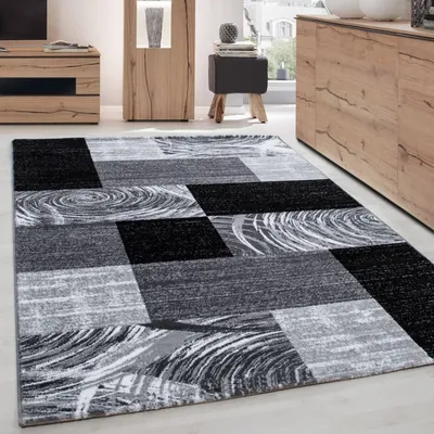 Produktbild von Moderner Patchwork-Teppich in Schwarz und Grau mit abstrakten Wirbelmustern, ideal für Wohnzimmer, Schlafzimmer oder Büro 80 x 300 cm