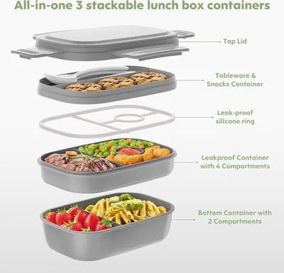 Productafbeelding van Famanu lunchbox, 1900 ml - grijs, met compartimenten, lekvrij, geschikt voor picknicks en reizen