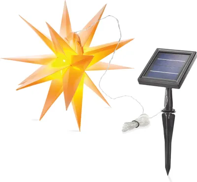 A solar-powered star-shaped light and its solar panel stake.