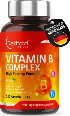 Produktbild von Redfood® Vitamin B-Komplex hochdosiert 240 vegane Kapseln mit allen B Vitaminen für mehr als 7 Monate