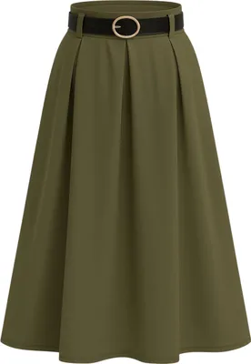Produktbild von 430_Mississhop Damen A-Linien-Rock Eleganter Faltenrock mit Gürtel – mittellang Gr. 36-40 Oliv