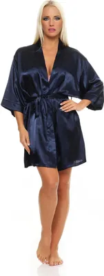 Produktbild von Damen Morgenmantel kurzer Kimono in Satin-Optik; Dunkelblau L