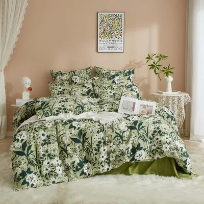 Immagine prodotto di Set di lenzuola matrimoniali, 220x240 cm, 100% cotone, motivo floreale, colori verde e bianco, include 2 federe 80x80 cm