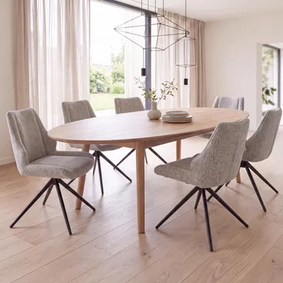 Produktbild von 6er-Set Esszimmerstuhl MCW-O48, Küchenstuhl, drehbar Auto-Return, Stoff/Textil Chenille (410g/m²)   creme