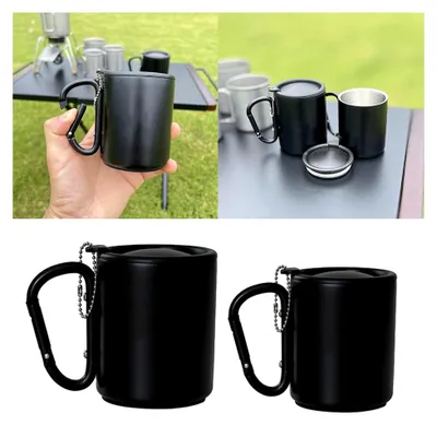 Produktbild von Tragbarer Becher mit Karabinergriff und Deckel für Outdoor-Aktivitäten, 220 ml, isolierter Edelstahl- und Aluminiumbecher