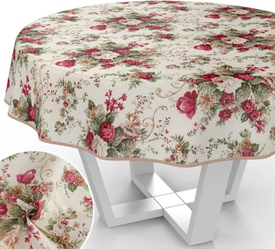 Produktbild von Tischdecke Blumenstrauß mit Blumen Botanik aus Stoff Tischwäsche mit Beschichtung Tischtuch Barock Beige Rund 120cm mit Paspelband