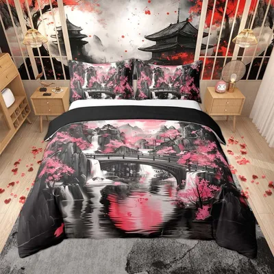 Produktbild von Omgoods – Bettwäsche-Set im japanischen Anime-Stil – Größe: Doppelbett, Motiv: Kirschblüten