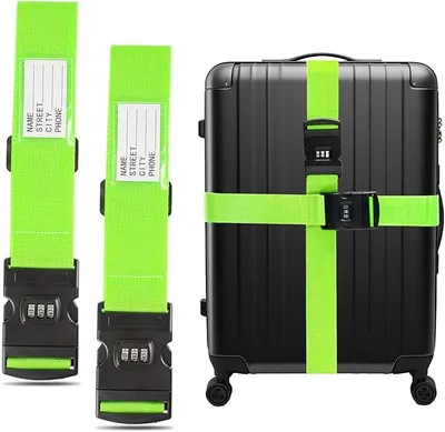 Produktbild von PolkaHome® 2er Set Kofferriemen Verstellbar 5 x 200 cm Gepäckriemen mit Zahlenschloss - Fluoreszierendes Grün