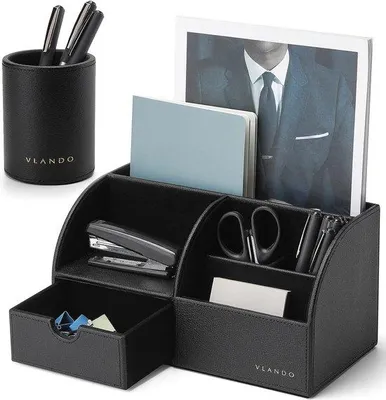 Immagine prodotto di Organizzatore da scrivania Unyqoos® – Portapenne con 5 scomparti e cassetto, nero, ecopelle, 20 x 12 x 10 cm