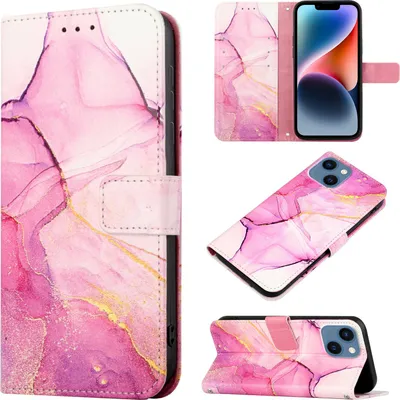 Produktbild von iPhone 15 Plus Hülle, Marmor Motiv Kunstleder Tasche Wallet Kartenfächer mit Standfunktion Klapp Schutzhülle für iPhone 15 Plus Rosa