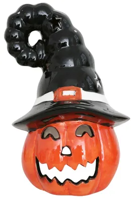 Produktbild von Kürbis mit Hexenhut Keramik 22 cm– Halloween Deko Orange Teelichthalter