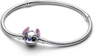 A close-up studio shot of a silver Pandora bracelet with a Stitch charm.