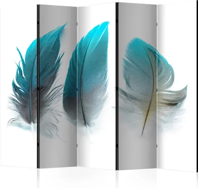 Produktbild von 5-teiliger Doppelseitiger Vlies Paravent - Blue Feathers II 225x172 cm b-B-0205-z-c