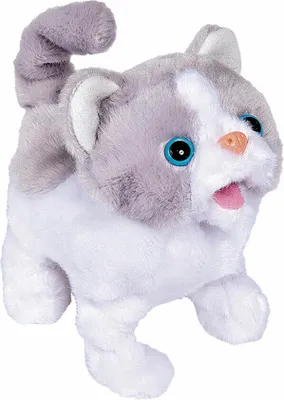 A plush toy cat with gray and white fur, blue eyes, and a pink tongue.