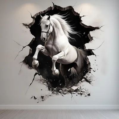 Image de Autocollant mural Decords – Cheval blanc avec effet 3D de percée murale, 160 cm