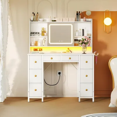 Obrázok produktu pre Toaletný stolík s LED zrkadlom, USB zásuvkami a RGB LED pásikom, 8 zásuvkami, biela farba, rozmer 110x40x137 cm